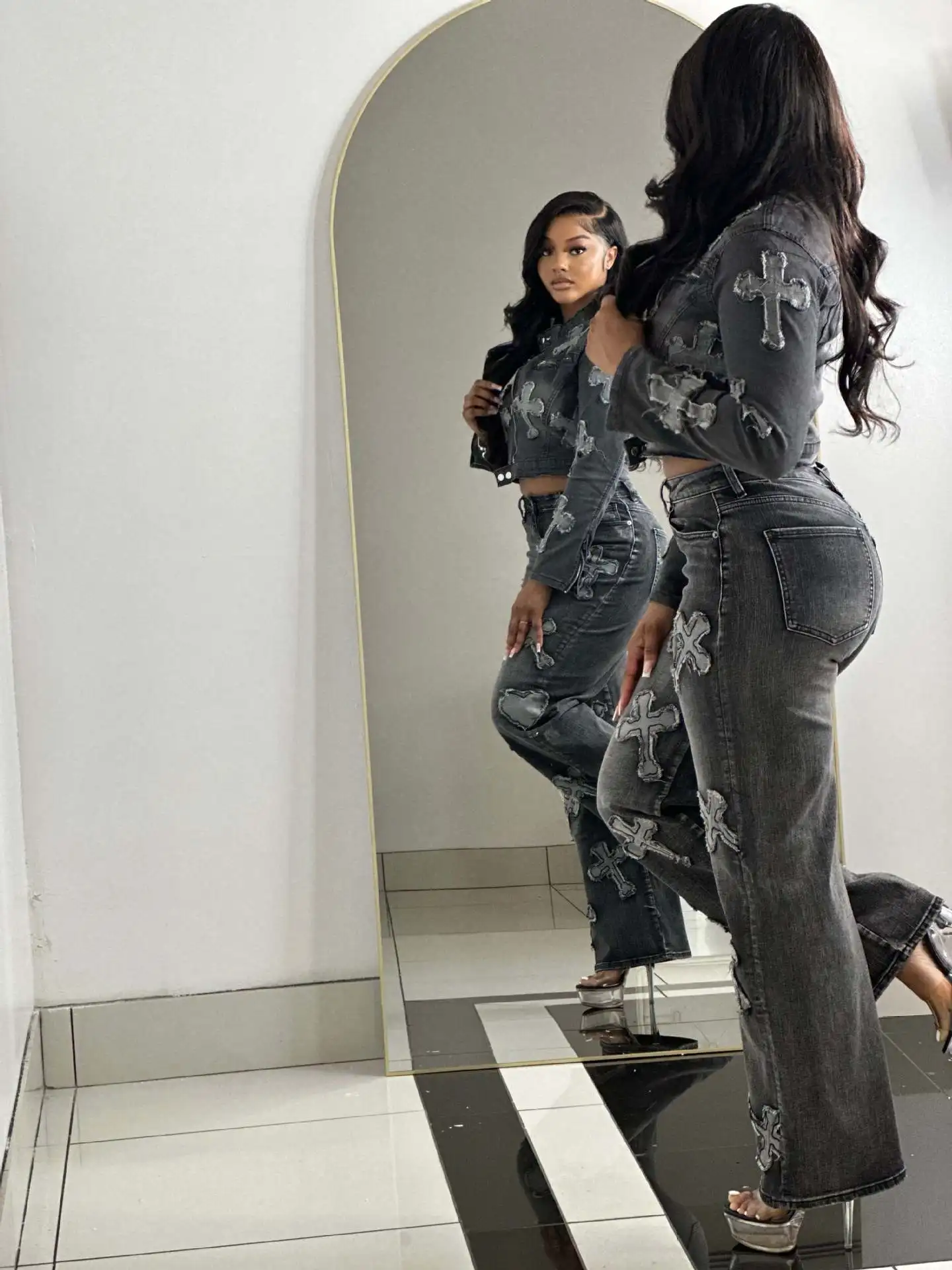 Женские комплекты осенне-зимняя Модная Джинсовая куртка с вышивкой и прямые