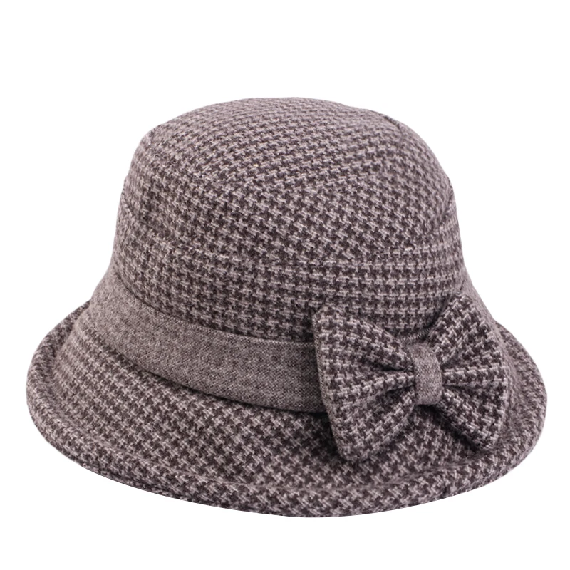 Новая женская осенне-зимняя панама с бантом утолщенная шерстяная клетчатая