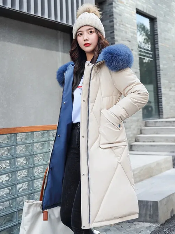 

Winter Fashion Hooded Big Fur Collar Padded Long Parkas Down Cotton Warm Coat Waterproof Windbreaker Jacket Wear on Both Sides