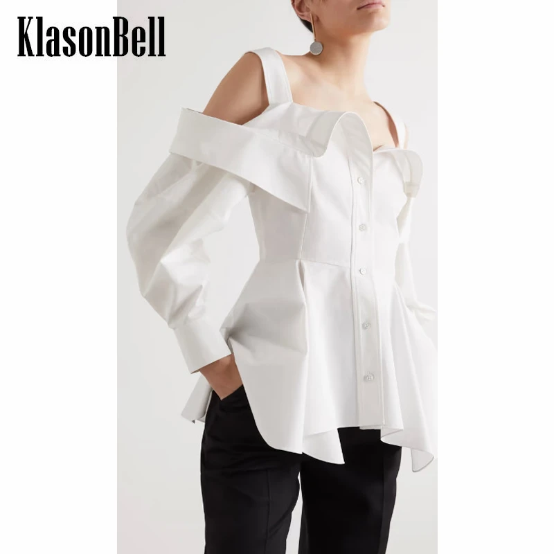 

8.26 KlasonBell Ruffle Hem Off Shoulder Suspender White Shirt Women