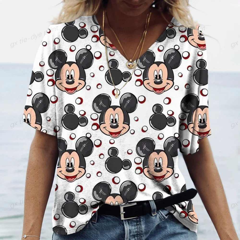 Лето 2023 женская футболка с v-образным вырезом и рисунком Микки Мауса Диснея 3d