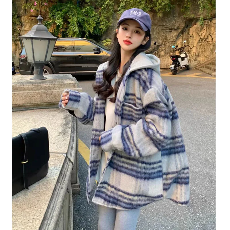 Женская винтажная рубашка с длинным рукавом в клетку большого размера на осень и