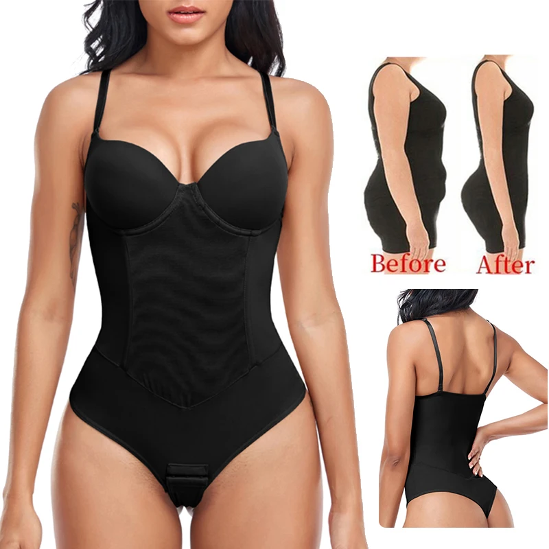 Womens Bodysuit Built-in bra Shapewear Waist Cincher Underwear Flat Belly Underbust Corset Tummy Control Full Body Shaper Thongs