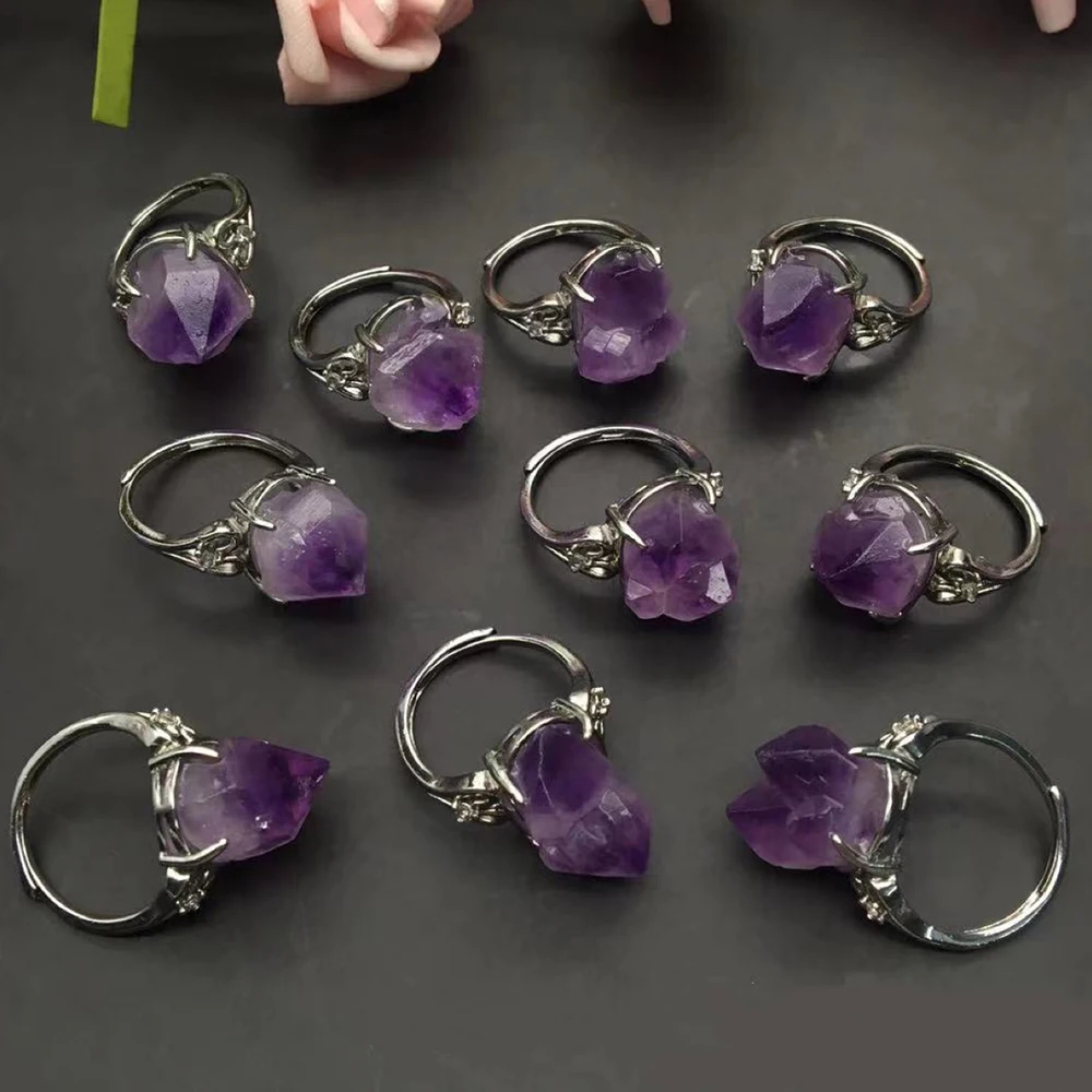 

Natural Lavender Amethyst Rings Irregular Amethysts Flower Open Adjustable Ring Fashion Healing Charm Jewelry Women Gift