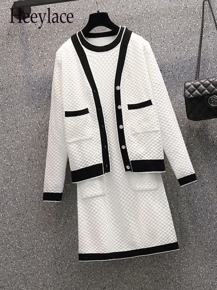 

Женский офисный комплект из 2 предметов, элегантный вязаный кардиган с длинным рукавом и платье, костюм во французском винтажном стиле, размеры до 4XL, Осень-зима