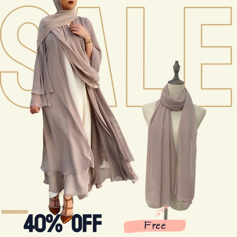 Open Abayas Muslim Maxi Dress for Women Muslim Sets Islamic Eid Loose Ethnic Style Elegant Chiffon Long Robes Female Dresses