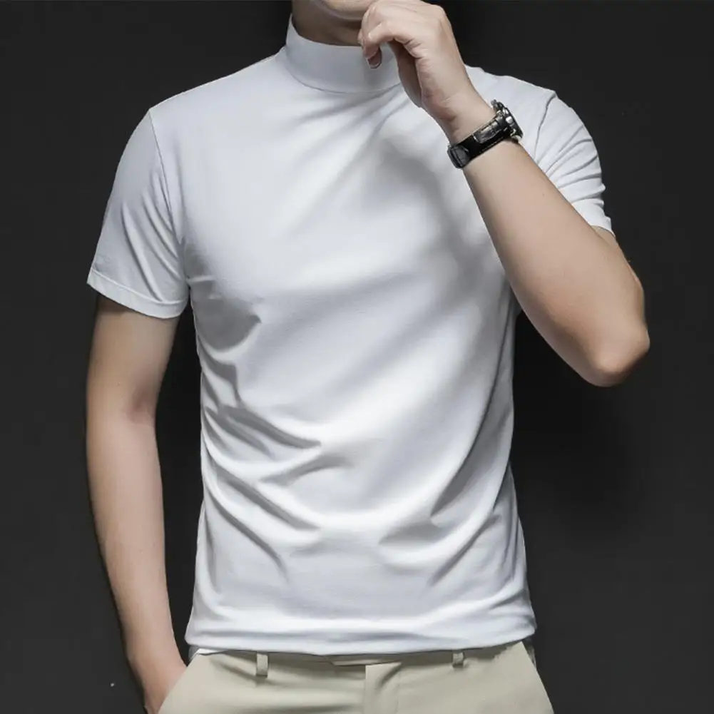 

Pure Color Short Sleeve Men Shirt Stand Collar Casual Men Top Colorfast Anti-pilling Summer Top Simple Handsome Top for Daily