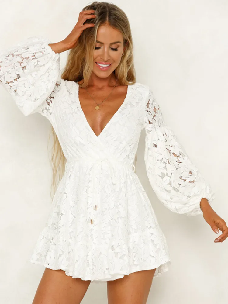 

SKMY 2022 Summer Clothes For Women Elegant New White Lace Hollow Out Backless Mini Dress Long Sleeve V-Neck Sexy Club Outfits