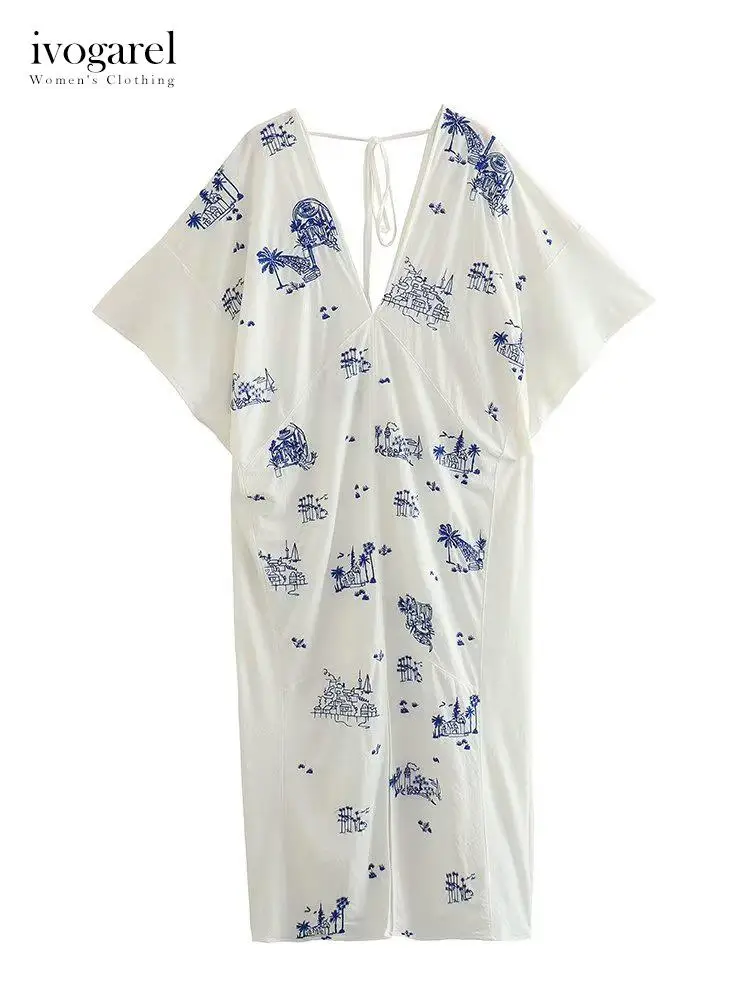 

Ivogarel Vintage Embroidered Tunic Dress Women's Loose Summer Vacation Dress with V-Neckline, Short Sleeves, Contrast Embroidery