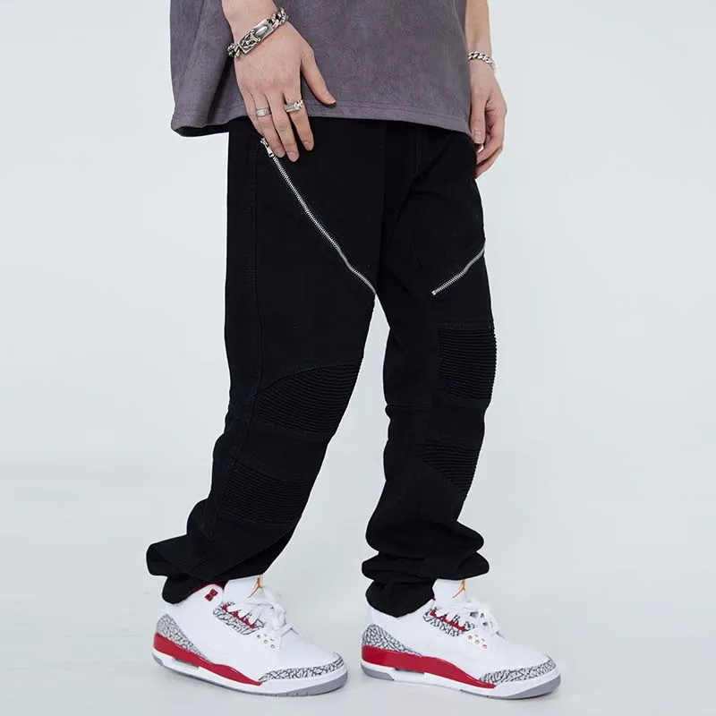 

Front Zipper Black White Mens Jeans Straight Solid High Street Oversized Cargo Pants Harajuku Hip Hop Baggy Denim Trousers