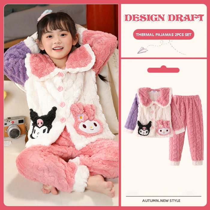 

Пижама плюшевая Sanrio Kuromi My Melody Kawaii Cinnamoroll аниме для девочек утепленный кардиган с лацканами коралловый бархат одежда для сна комплект из 2 предметов