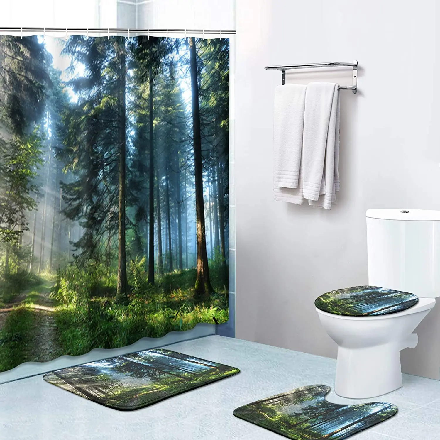 

Набор занавесок для душа с изображением туманного леса, чехол на ковер, чехол для унитаза, коврик для ванной, наволочка, занавеска для ванной...