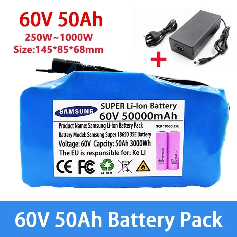 

67.2V E-bike Li-ion Battery Pack 60V 16S2P 50Ah 18650 Lithium Ion 50000mAh Electric Bicycle Scooter with 40A BMS 750W 1000Watt