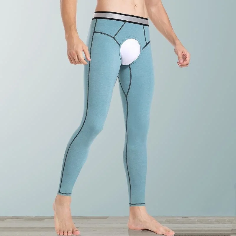 Autumn Winter Men's Warm Open Crotch Long Johns Cotton Fleece Tight Mid-waist Leggings Trousers
