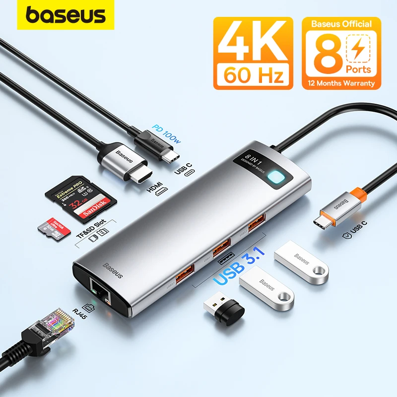 Baseus USB C Hub Type C to HDMI-compatible USB 3.1 Adapter Ethernet Port Docking Station for MacBook  Air M1 M2 USB Splitter