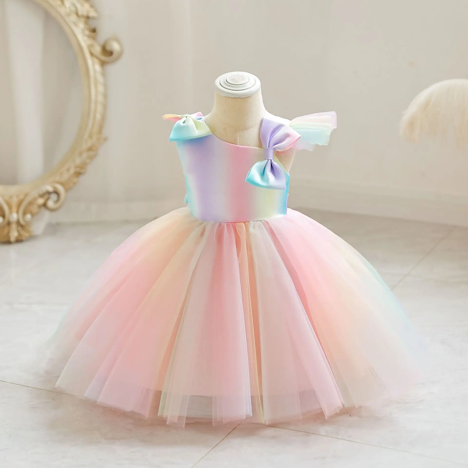 

Children's Princess Dress Colorful Gauze Puffy Ball Gown Elegant Princess Lace Dress Kids Bow Dresses For Girls Party Dresses