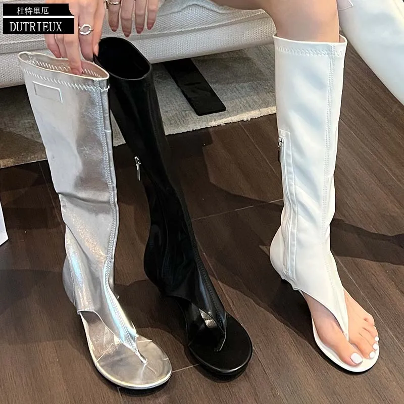 Ladies Sandals Boots Flip Flops New Knee-High Heels Modern 2023 Zipper Summer Fashion Peep Toe Female Shoes For Women Pumps