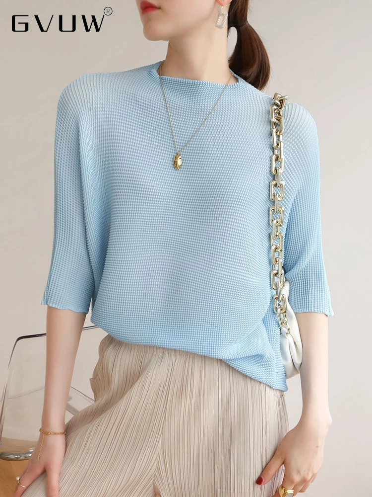 

GVUW 2023 летняя плиссированная тонкая футболка с рукавом до локтя, Женский пуловер с круглым вырезом, однотонная Свободная Женская дышащая оде...