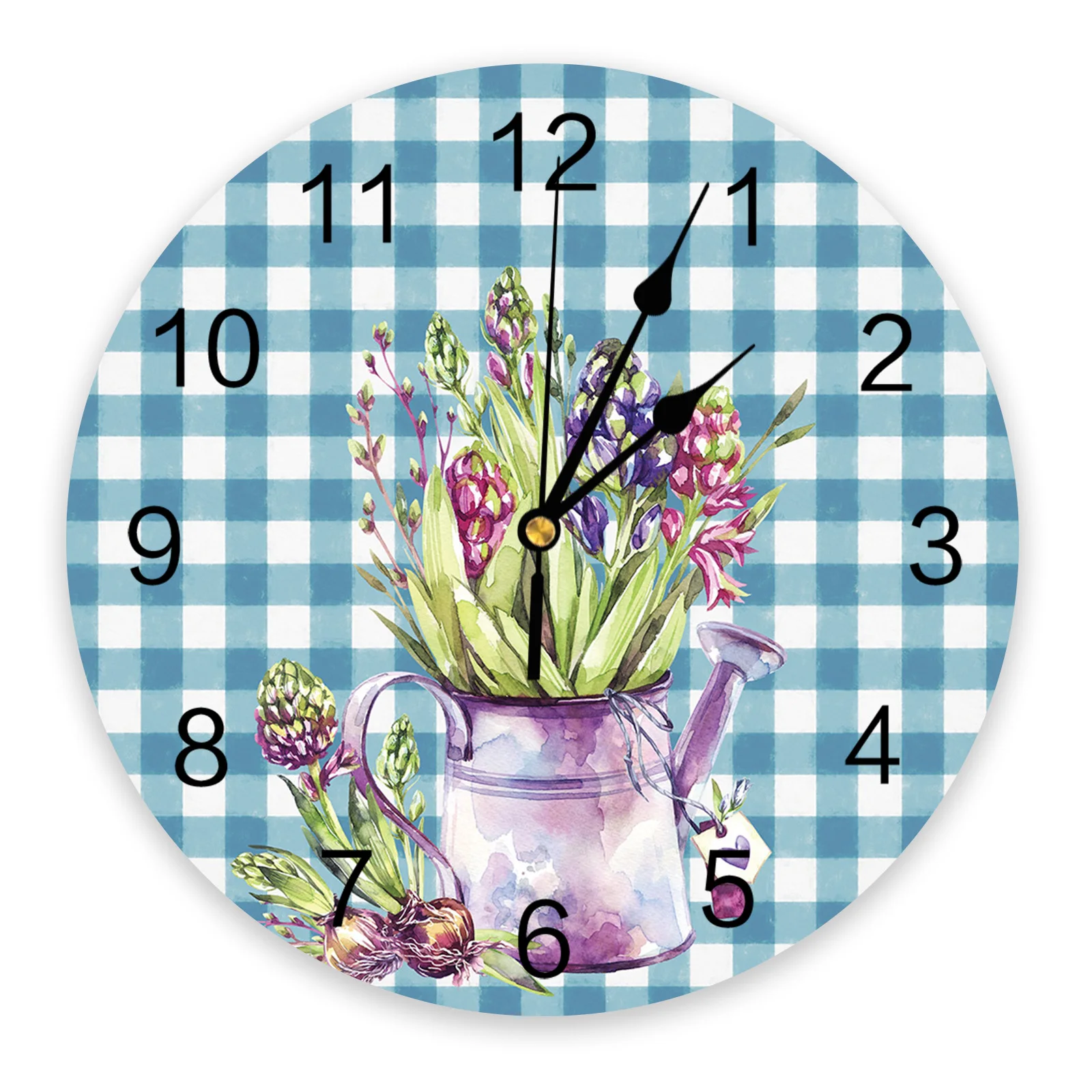 

Настенные часы в клетку с вазой и цветами, тихие украшения для спальни, гостиной, круглые подвесные часы, современный дизайн