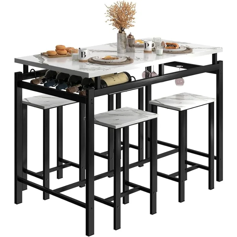 

Basenji Dining Table Set for 4, 5 Piece Kitchen Table and Chairs with Wine Rack and Glass Holde
