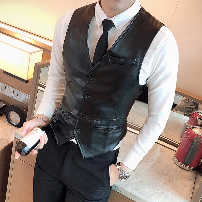 2022 Leather Vest Men New Fashion Casual High Quality Solid Color Single Breasted Slim Large Size Business Vest Waistcoat S-5XL