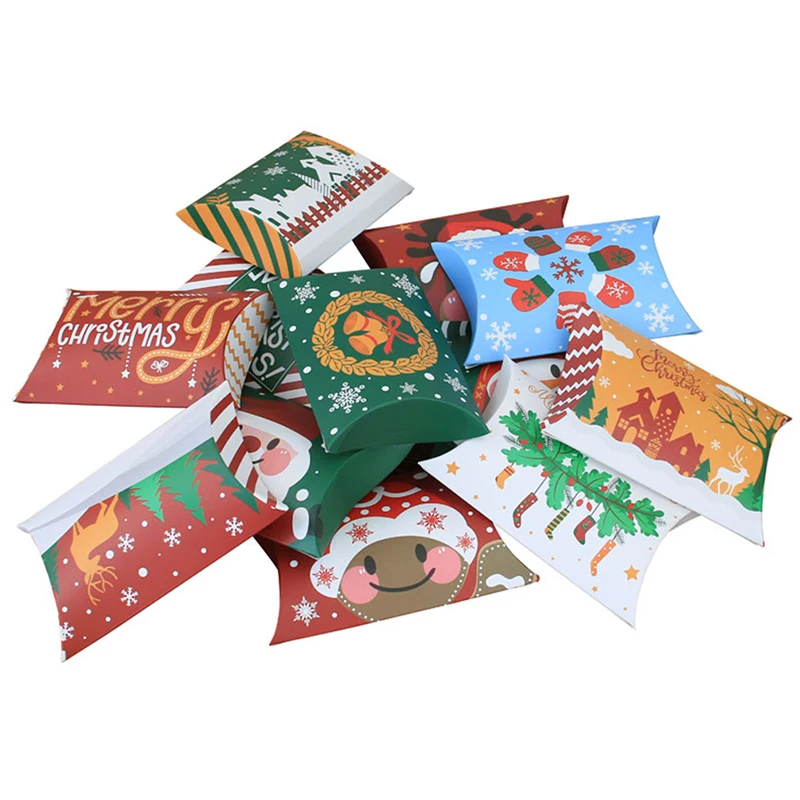 

12pcs Christmas Pillow Shape Candy Box Merry Christmas Kraft Paper Gift Box Packging Kids Favors Happy New Year Supplies 2023