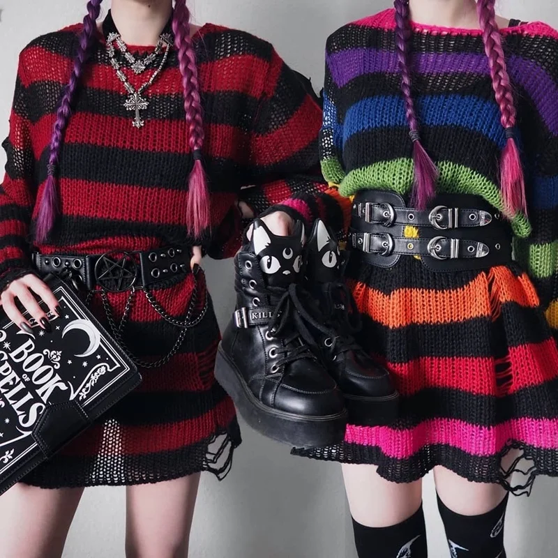 

Lairauiy Women Y2K E-girl Goth Hole Striped Knitted Pullovers Long Sleeve Ripped Sweater Jumpers Punk Style Kawaii Harajuku