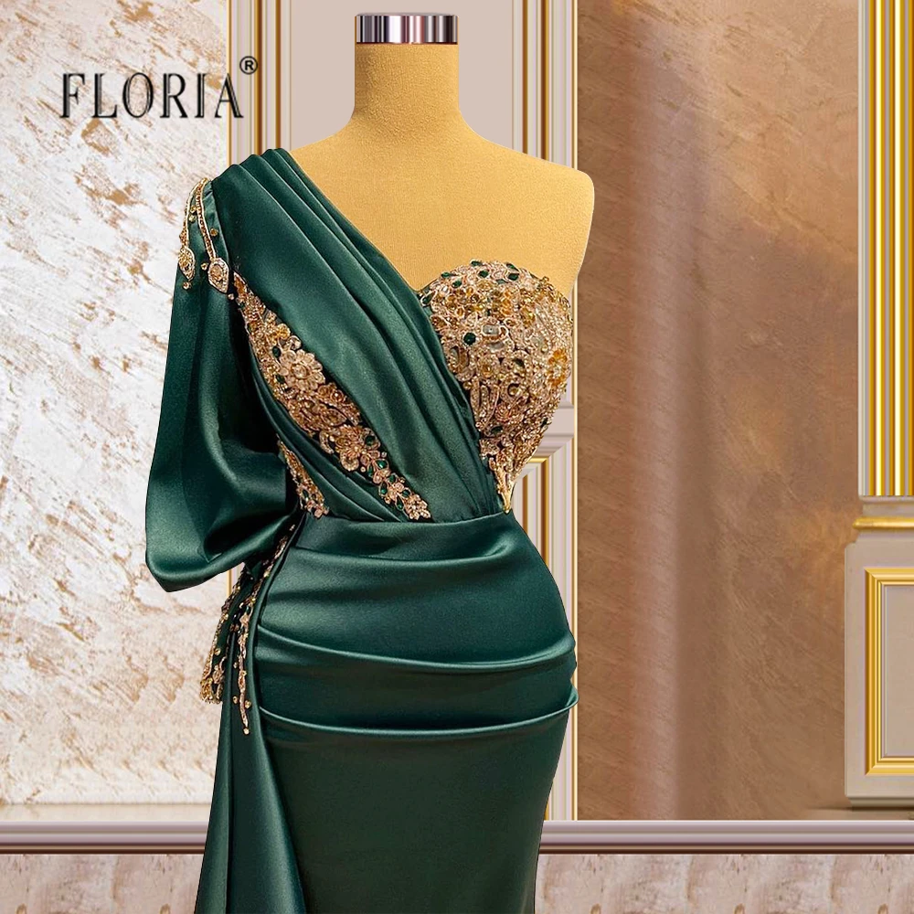 

Sexy Dark Green Evening Dress Formal One Shoulder Floor Length Pleated Dubai Prom Gown Satin Party Long Dress Custom Size
