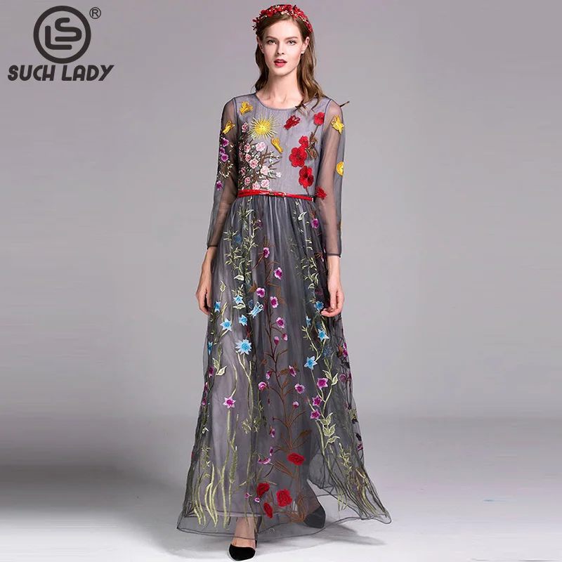 Women's O Neck Long Sleeves Embroidery Layered Floral Maxi Runway Dresses