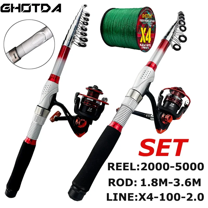 wędkę do rzucania przynęty pełne zestawy karbonowy teleskopowy słup morski 1.8M-3.6M i metalowa szpula seria 2000-5000 przeciągnij 8kg dla