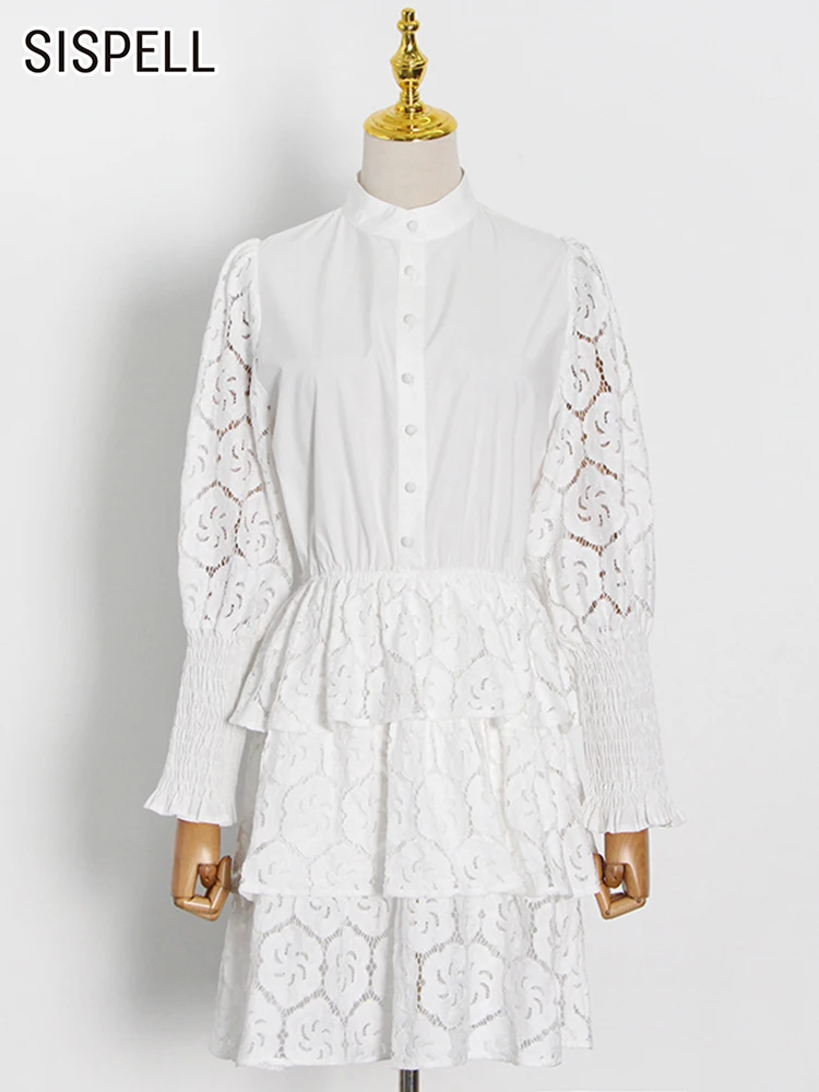 

SISPELL Minimalist Dresses For Women Stand Collar Lantern Sleeve High Waist Patchwork Embroidery Pullover Dress Female Autumn
