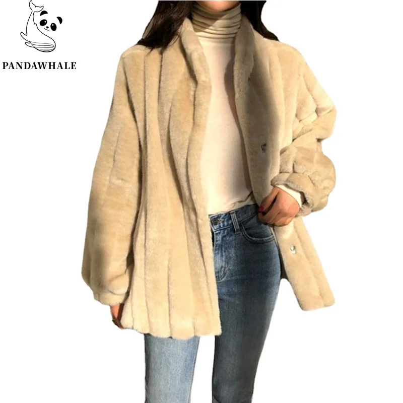 Faux Fur Coat Office Lady Pockets Autumn Winter Jacket Women 2022 Thick Warm Rex Rabbit Fur White Tops Fashion Famale Clothing