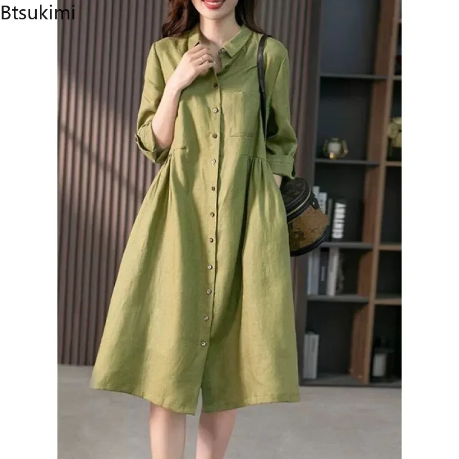 2024 летнее модное хлопково-льняное платье-рубашка для женщин удобное свободное