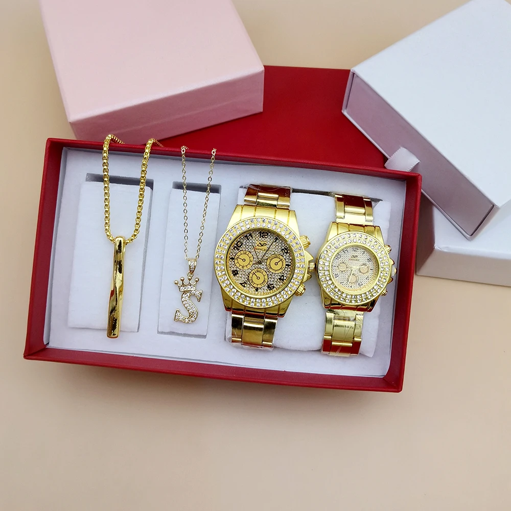 Набор из 4 часов для пар, женские и мужские модные золотистые наручные часы с бриллиантами, часы и ожерелья, подарок на день Святого Валентина с коробкой