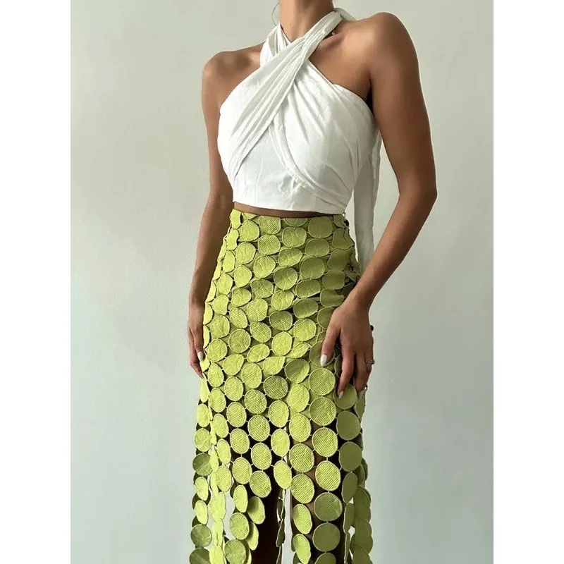 

Женская Асимметричная юбка KBQ, однотонная облегающая трапециевидная юбка в горошек с высокой талией, асимметричная юбка с разрезом и кисточками, модная новинка