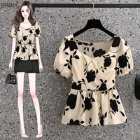 ehqaxin fashion summer new ladies tops 2022 casual retro floral square neck puff sleeve short shirts top for womens m 4xl