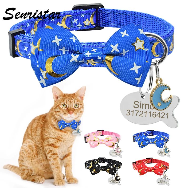 

Star Moon Bowknot Cat Collar Personalized Name Fish Shape Tag Cat Collar Bell Custom Nameplate Cute Bowtie Cat Collar Necklace