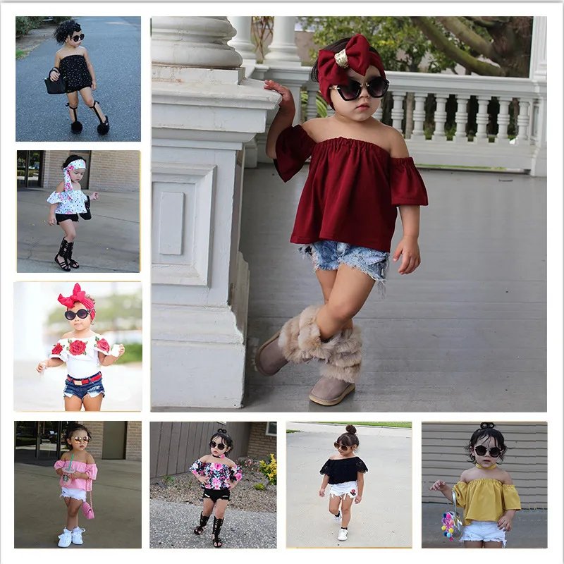 

Baby Costume Children's Summer Girls One-line Shoulder Clothes Ripped Shorts + Headdress Children's Suit