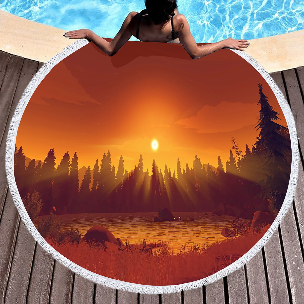 

Round Beach Towel,Sunrise Scenery Art Polyester Sand Resistant Shawl Beach Blanket,Absorbent Quick Dry Pool Towel Picnic Mat