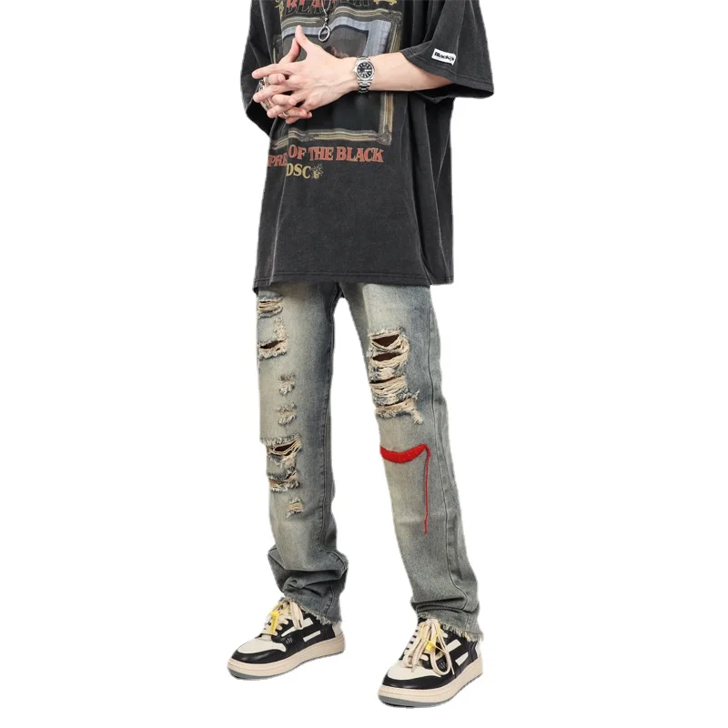 High Street Washing Vintage Streetwear Yellowing Beggars Holes Jeans Straight Fashion Men's and Women's Denim Pants