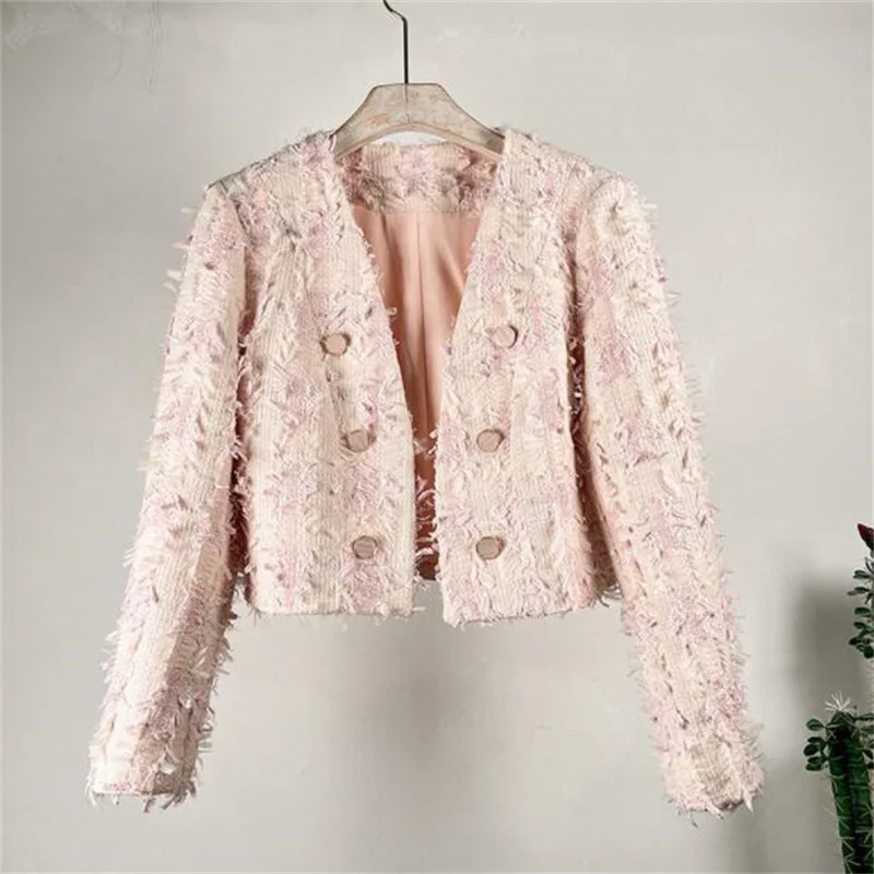 Short coat women's jackets spring tweed woven fringed double breasted clothes new French retro temperament pink beige