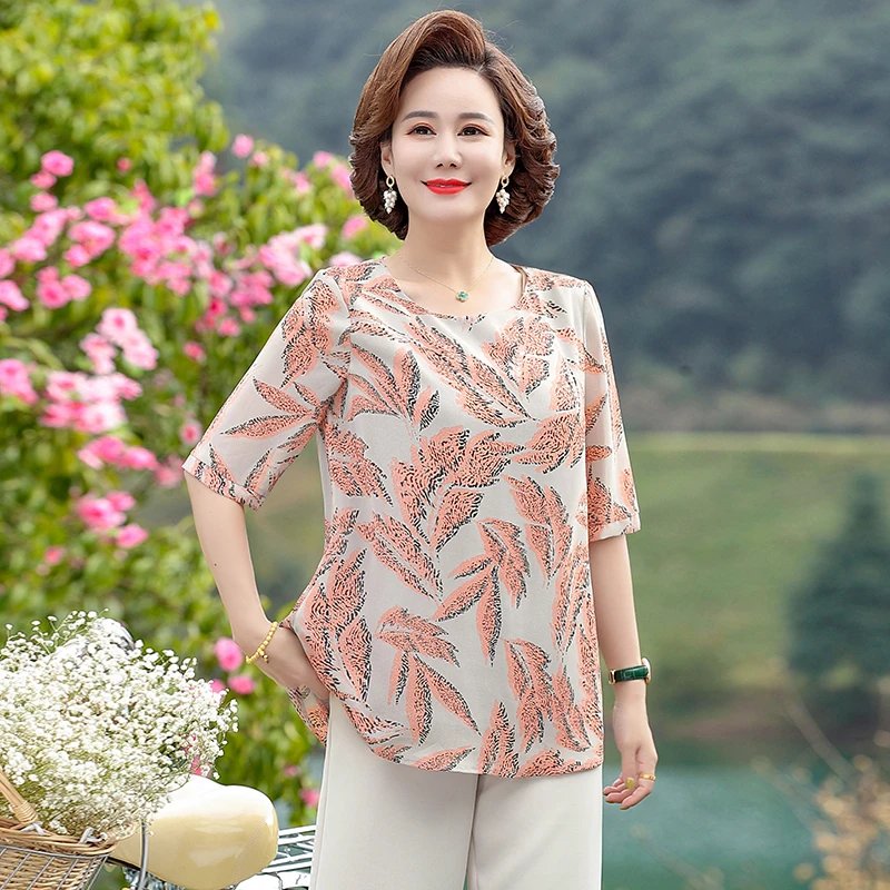

2023 Women Round Collar Chiffon Leaf Print Blouses Shirts Casual Loose Short Sleeve Blusas Tops Female