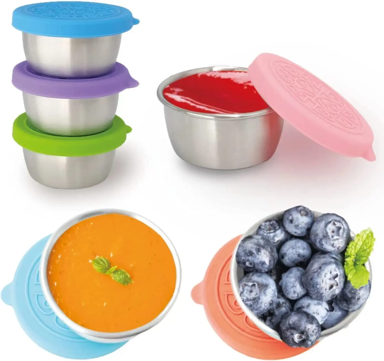 

6Pcs 50ml Stainless Steel Seasoning Sauce Cup (With Silicone Seal Cover) Tomato Sauce Container Salad Dressing Tomato Sauce Cup