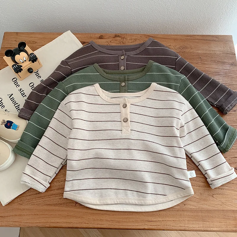 

Spring Kids T Shirt Boys Striped Long Sleeve Henley T-shirt Thin Girls Bottoming Shirt Casual Children Pullover Tops
