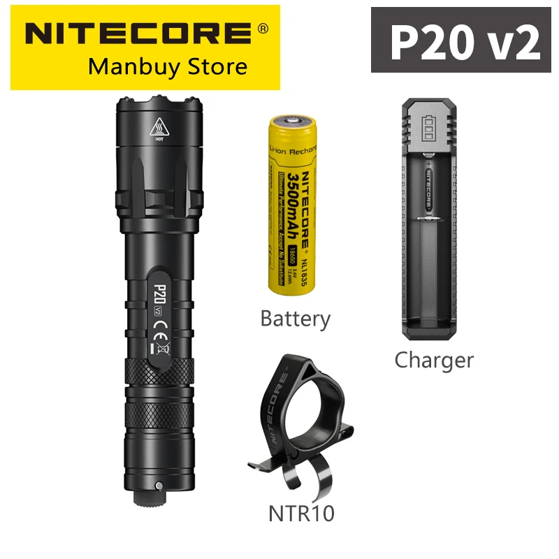 NITECORE P20 V2 Strong Light 1100LMs Instantaneous LED Portable Flashlight Outdoor Search Torch Lamp +3500mAh Battery NTR10 Ring