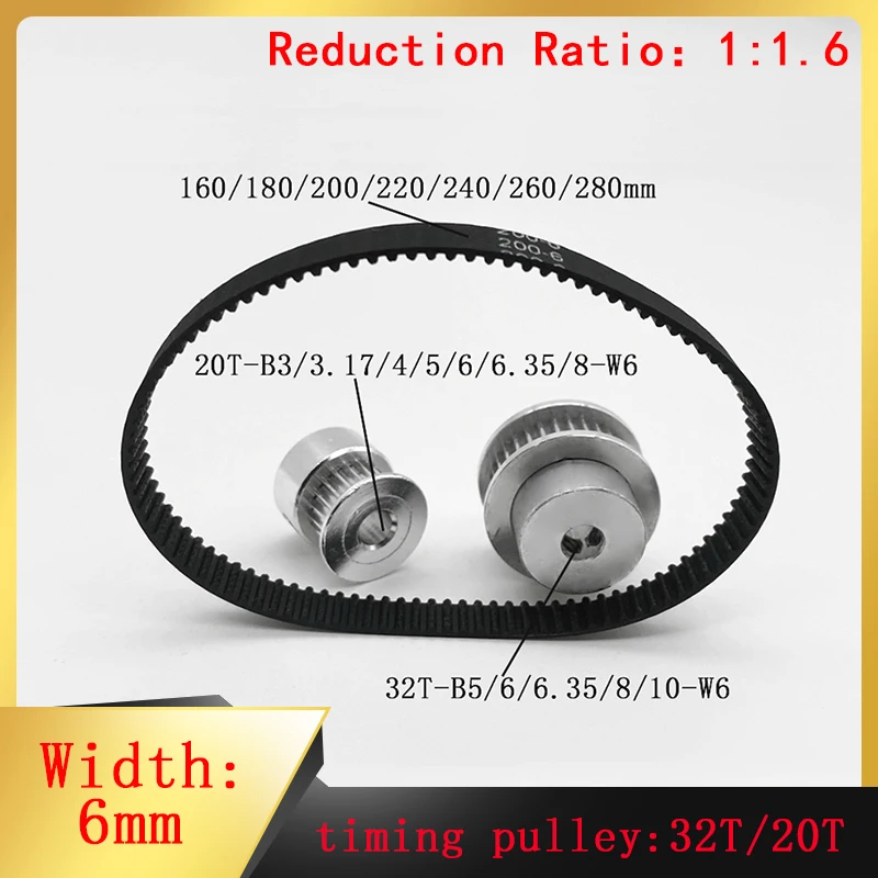 

2M/2GT 20 Teeth 32 Teeth Reduction 1.6:1/1:1.6 Timing Pulley Set Aperture 3-10mm Belt Width 6mm Tensioning Pulley Kit