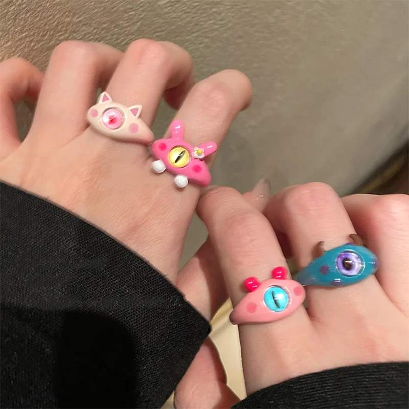

Cartoon Anime Pink Series Rings for Women Fashion Cute Kitty Monster Acrylic Animal Index Finger Ring Jewelry