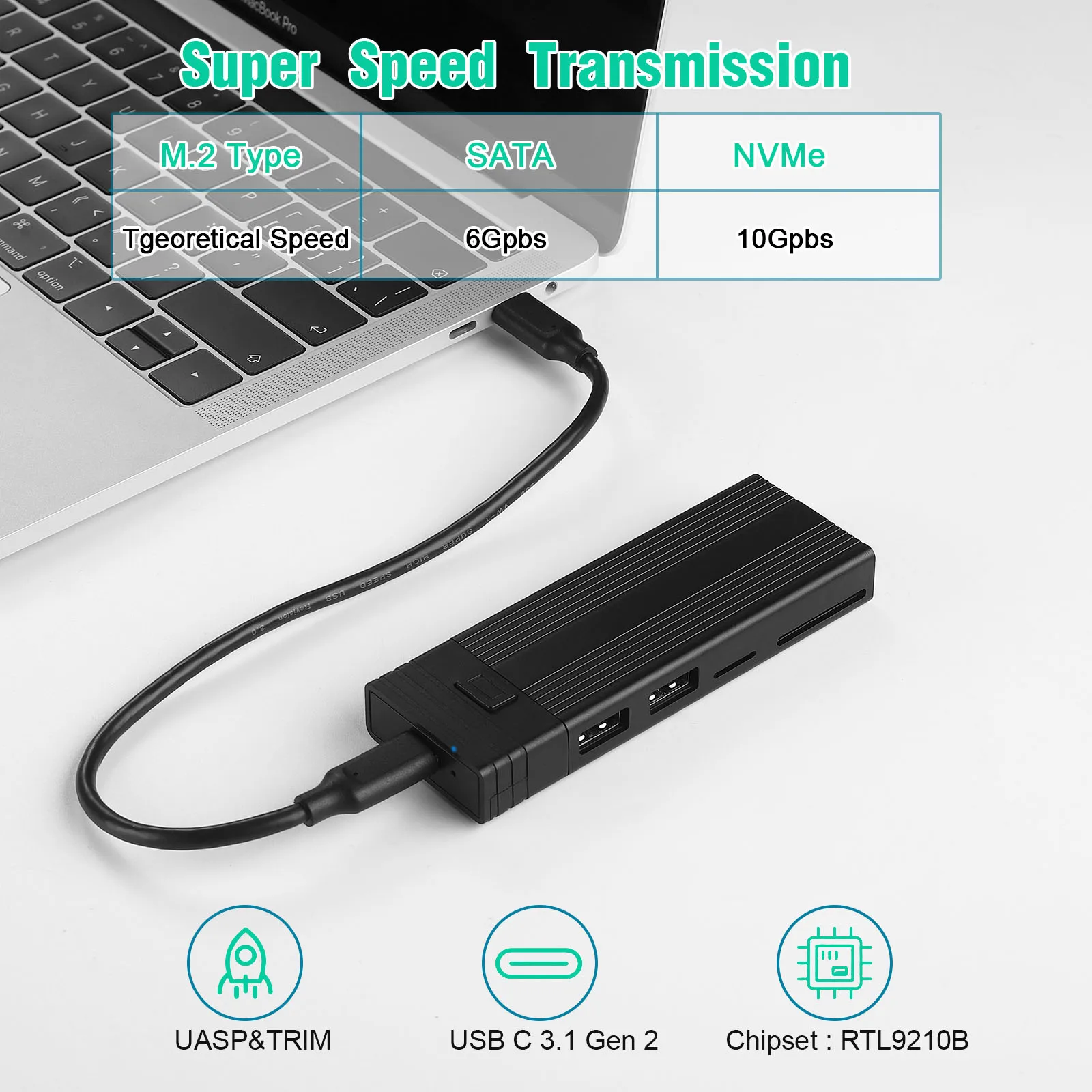 Фото KEBIDUMEI M.2 NVMe NGFF SATA SSD-корпус с USB-C хабом 5-в-1, док-станция Type-C с функцией хранения дисков, кардридер SD/TF для ПК №2