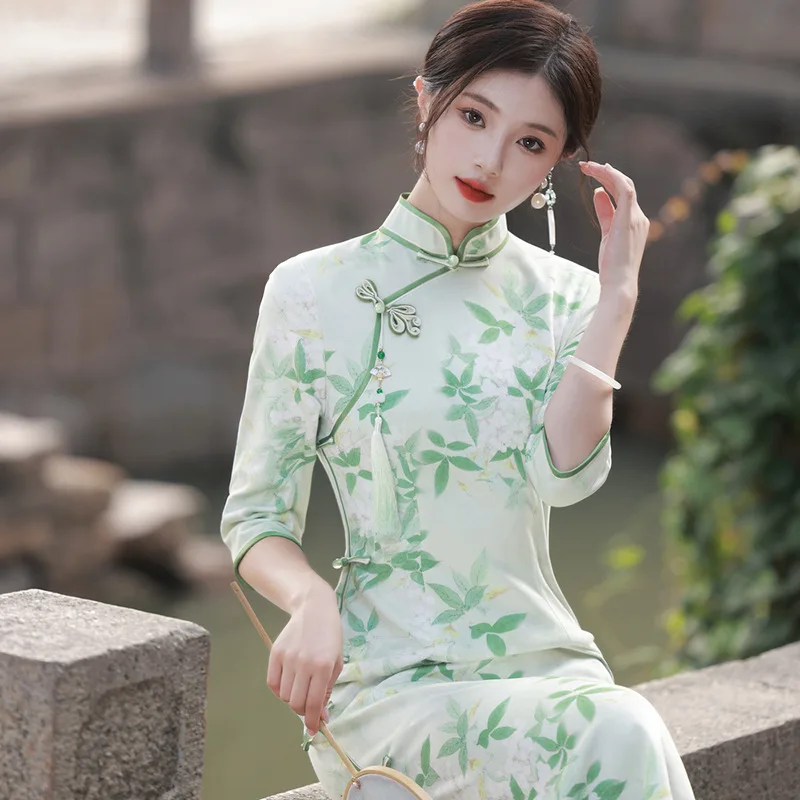 

Женское Замшевое платье-Ципао Yourqipao, Осеннее длинное вечернее платье в литературном ретро-стиле, традиционное китайское платье