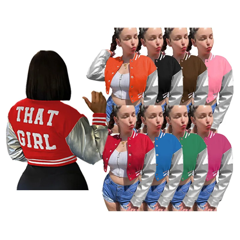 

Женская куртка-бомбер на пуговицах, с кожаным рукавом